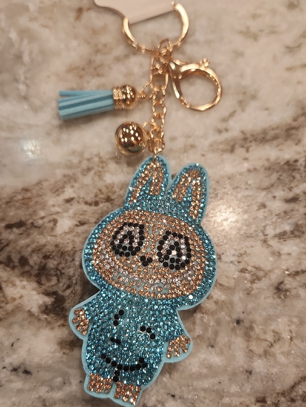 Sparkling Blue Labubu Inspired Keychain  - Gold Accents
